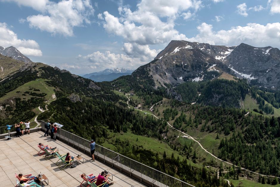 A breathtaking aerial view of the Bavarian mountains from a terrace in Schönau am Königssee, Germany.